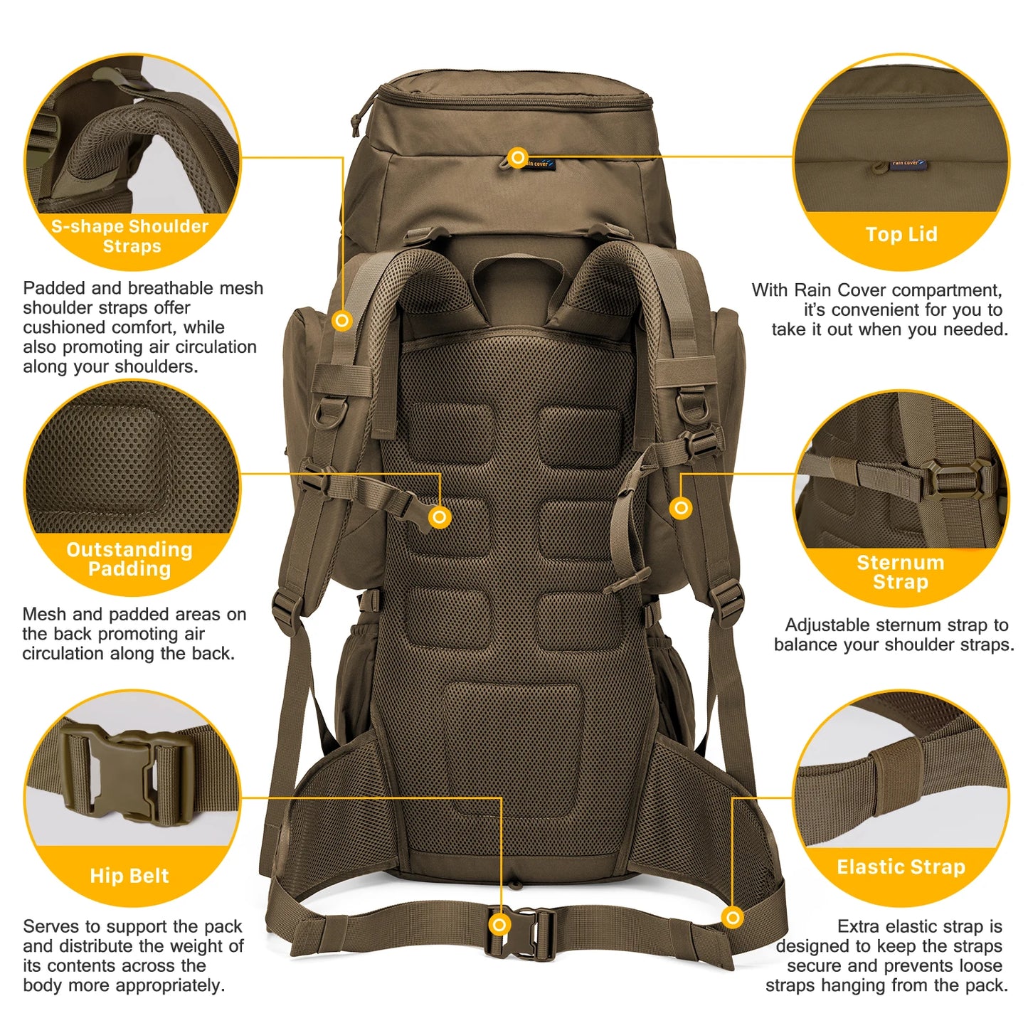 MARDINGTOP 60L Backpacking Backpack with Rain Cover for Men Military Tactical Camping Hiking Bushcraft