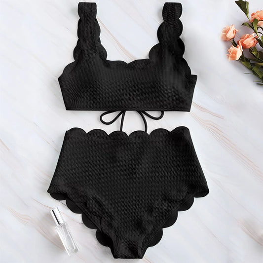 Women Scalloped Textured High Waisted Bikini Set Solid Two Pieces Beach Bathing Suits Swimwear Lace up Biquinis Bathing Suits