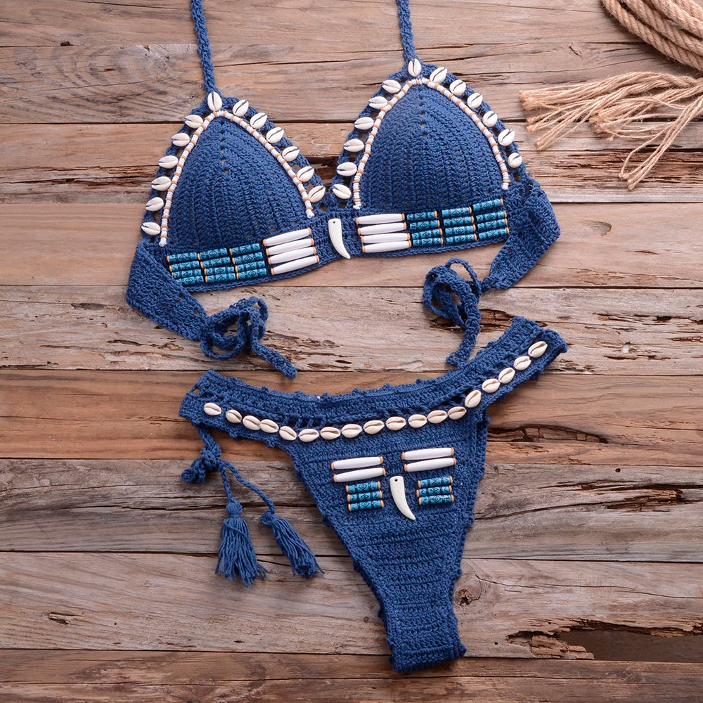 Sexy Blue Shell Beaded Bikinis Set Handmade Crochet High Quality Swimsuit Women Push Up Swimwear Knitted Beach Wear Bathing Suit