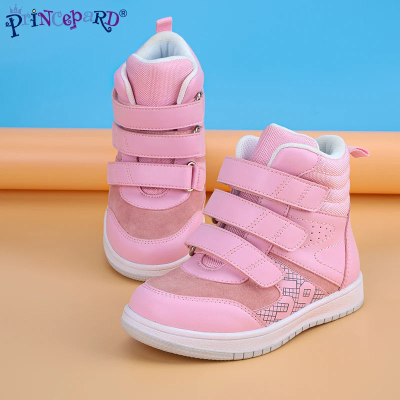 Princepard Ankle Boots for Girls Boys Orthopedic Children's Sneakers with Arch Support Insoles Pink Grey Leather Kids Shoes