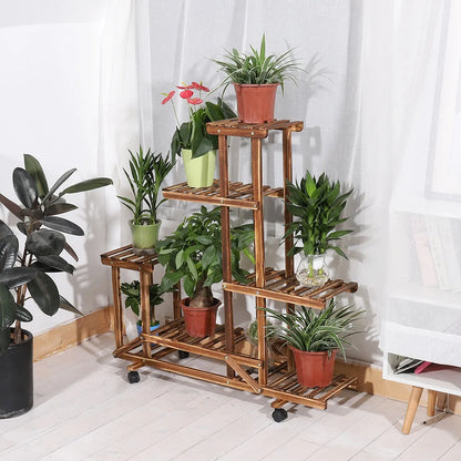 UNHO Wooden Plant Stand with Wheels Multi-Layer Rolling Plant Flower Display Shelf Indoor Movable Storage Rack Holder Outdoor fo