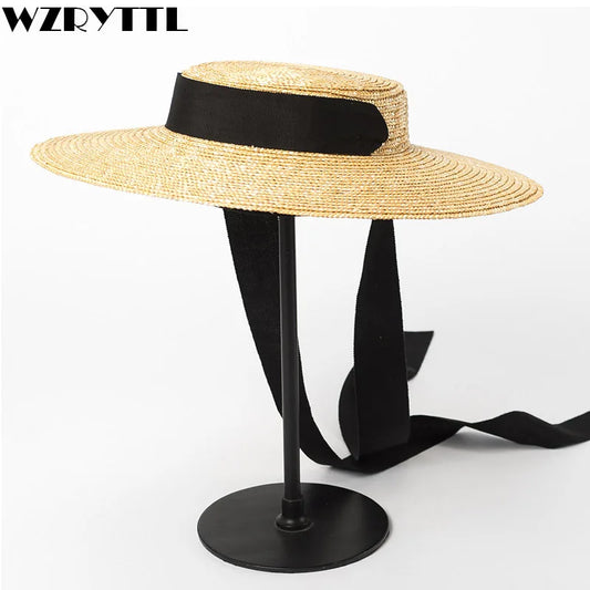 Wide Brim Boater Hat 10cm 15cm Brim Straw Hat Flat Women Summer Kentucky Derby Hat White Black Ribbon Tie Sun Hat Beach Cap