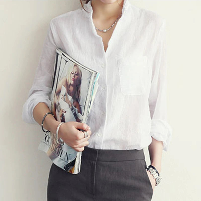 Linen White/Light Denim  Shirt Women Long Sleeve Blouse