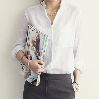 Linen White/Light Denim  Shirt Women Long Sleeve Blouse