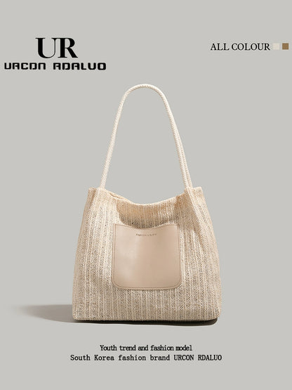 Ur Simple Straw Bag Women 2024 New Advanced Texture Woven Tote Bag Vacation Beach Bag Shoulder Underarm Bag