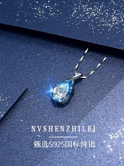 Sterling Silver Necklace Topaz Pendant Accessible Luxury Blue Crystal