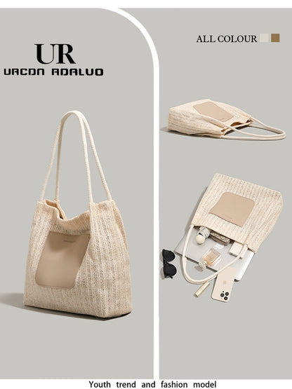 Ur Simple Straw Bag Women 2024 New Advanced Texture Woven Tote Bag Vacation Beach Bag Shoulder Underarm Bag