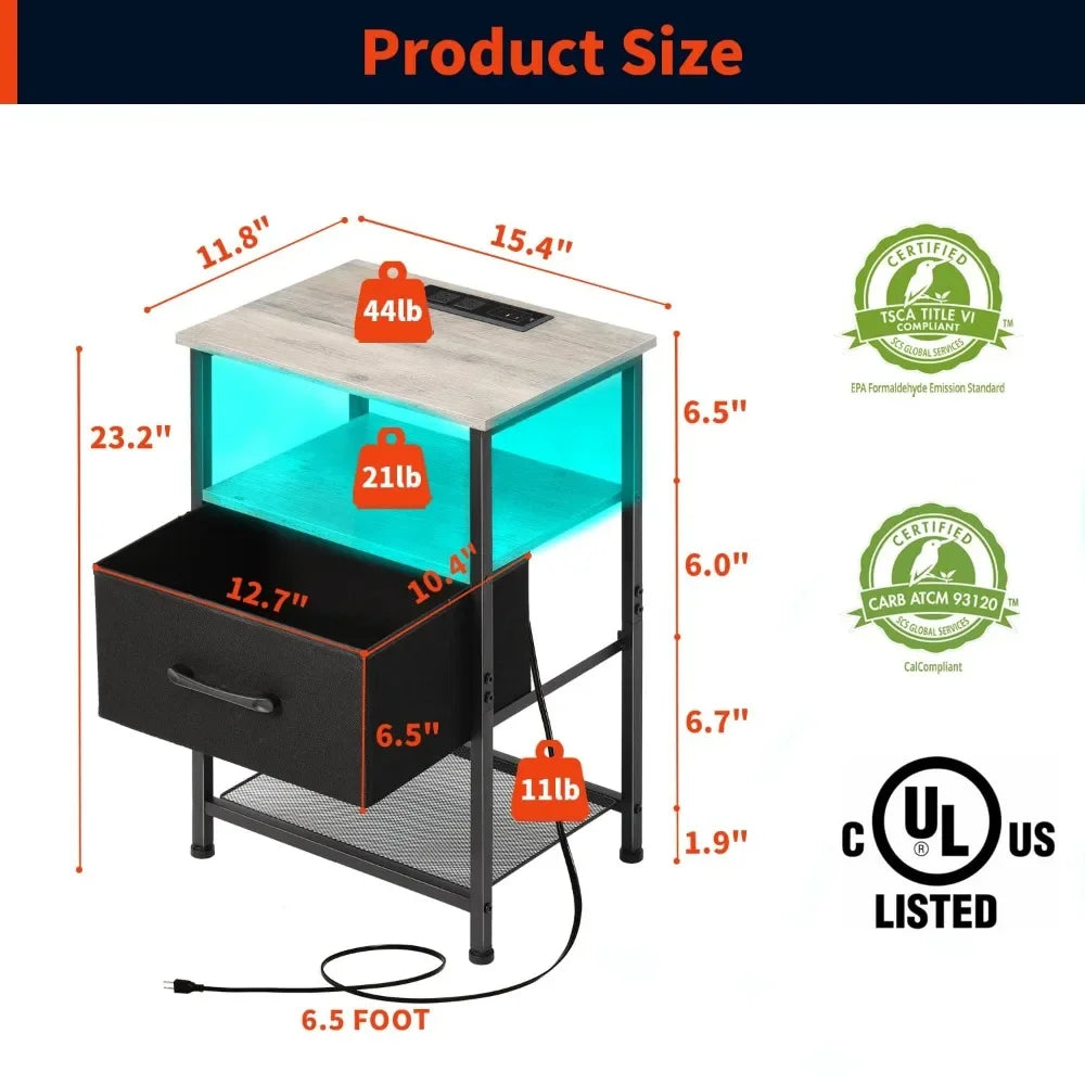 Nightstands Set of 2 with Charging Station and Drawer, End Table Bedside Table with 20 Colors LED Light Strip and 2 Layers Shelf