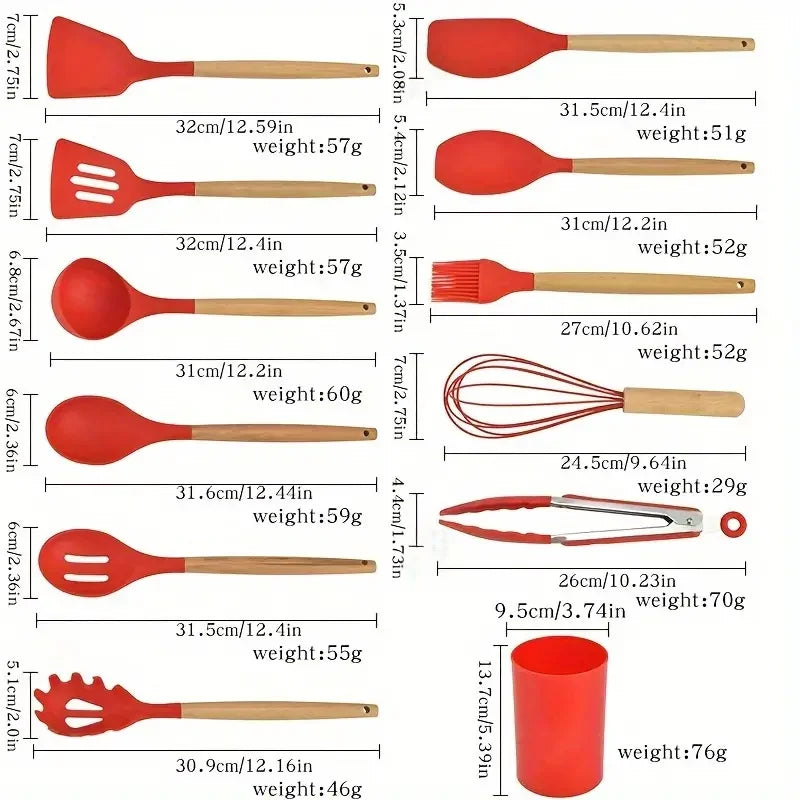 12pcs/set, Silicone Cooking Utensils Set With Wooden Handle