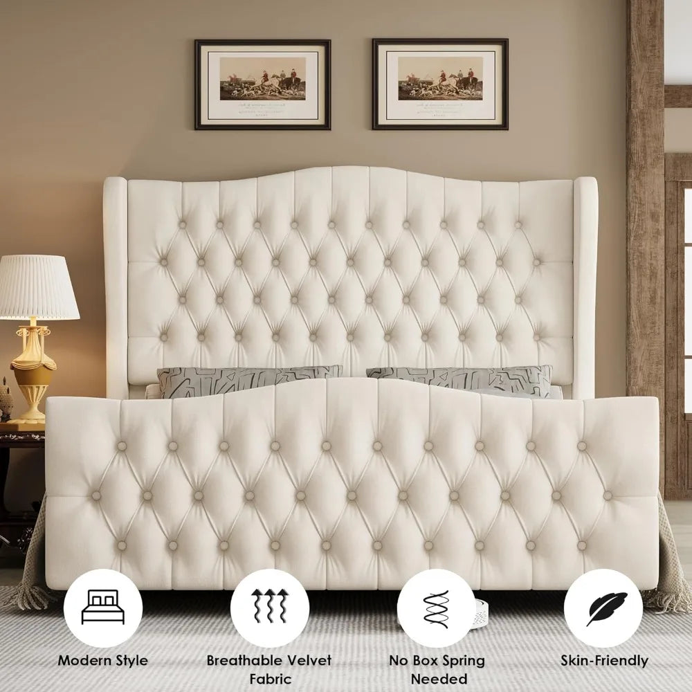 King Bed Frame with Velvet Upholstered Deep Button Tufted Wingback Headboard