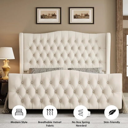 King Bed Frame with Velvet Upholstered Deep Button Tufted Wingback Headboard