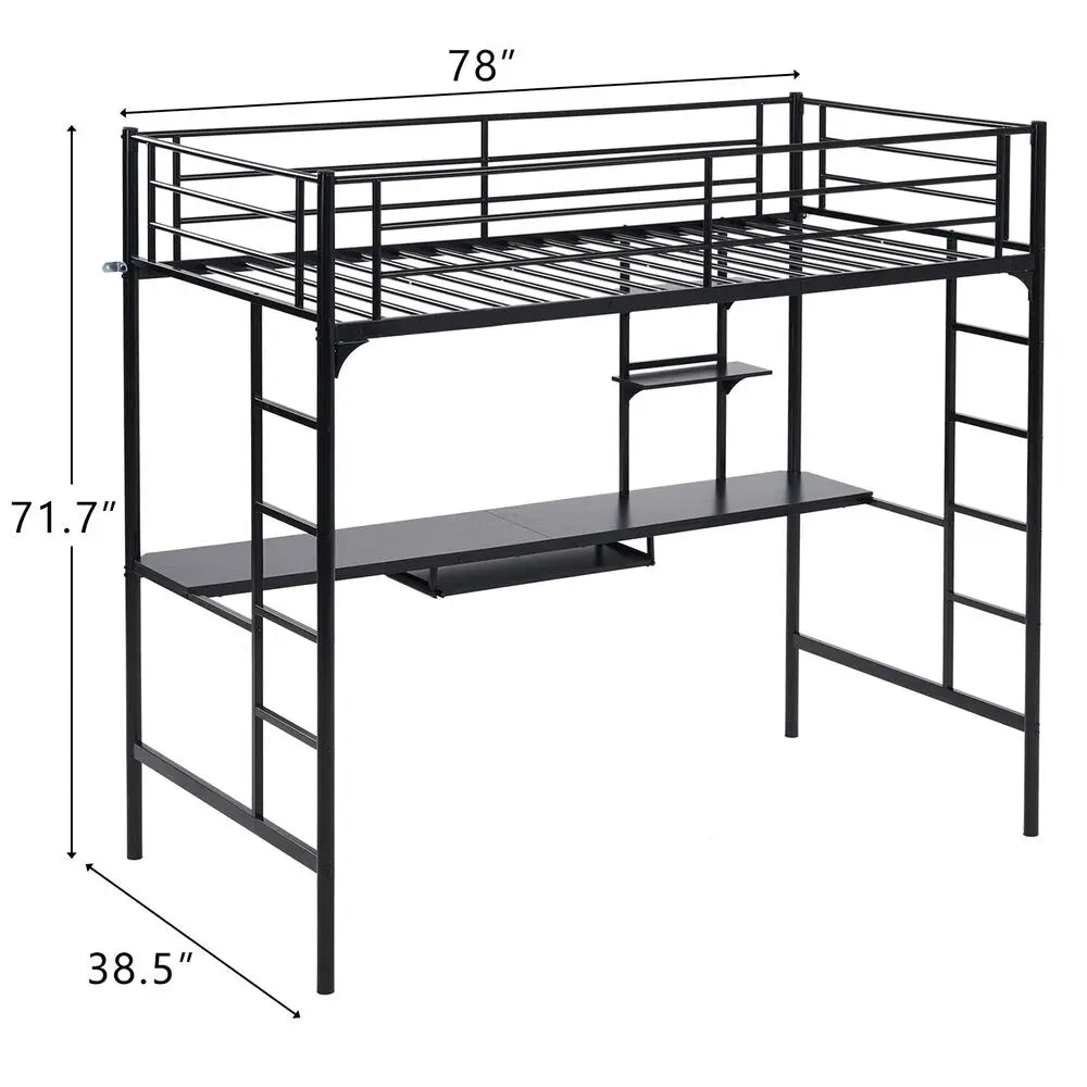 Heavy-duty Twin Loft Bed Frame with Desk and 2 Shelfs W/ Ladder