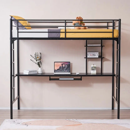 Heavy-duty Twin Loft Bed Frame with Desk and 2 Shelfs W/ Ladder