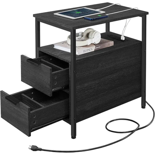 Side Table with Charging Station, Narrow End Table with 2 Drawers, Slim Nightstand and Bedside Table with Storage