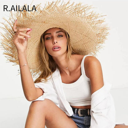 New Natural Lafite Men's Women's Sun Hats Wide-brimmed Floppy Folding UV Straw Hat Holiday Wedding Fashion Sunscreen Beach Hat