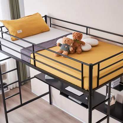 Heavy-duty Twin Loft Bed Frame with Desk and 2 Shelfs W/ Ladder