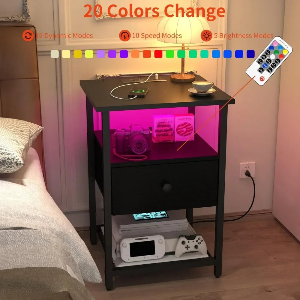 LED Nightstands Set of 2 with Charging Station, Bedside Tables with USB Ports and Outlets, Black Side Table for Bedroom