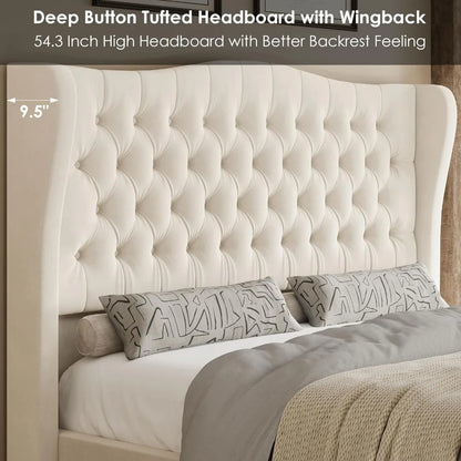 King Bed Frame with Velvet Upholstered Deep Button Tufted Wingback Headboard