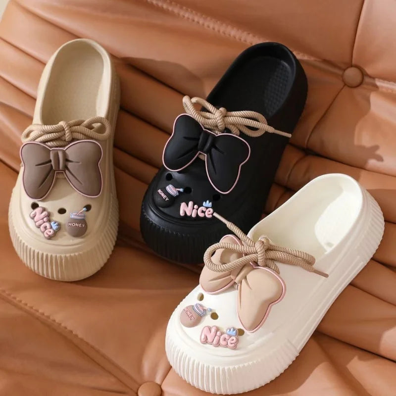 Lovely Bow Women Slippers Summer Feeling Outside Wear Eva Thick Soled Home Indoor Women Holes Shoes Sandals Beach Garden Shoes