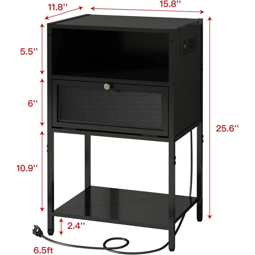 SOOWERY Nightstands Set of 2, Nightstand with Charging Station, Bedside Tables with USB Ports and Outlets, End Tables Living