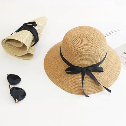 Summer Straw Hat Big Wide Brim Foldable Beach Sun Hat Straw Floppy Sun Block UV Protection Hat Ladies Outdoor Travel Straw Hat