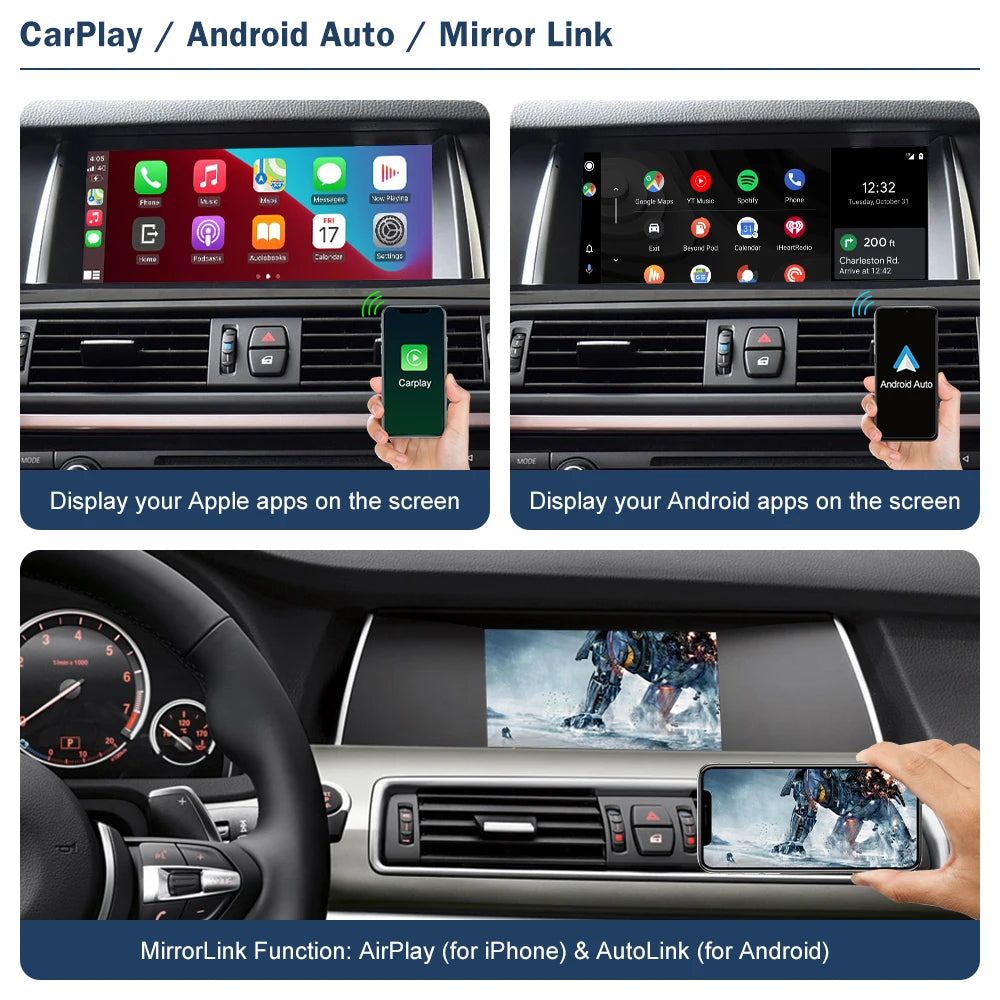 Road Top Wireless CarPlay Android Auto for BMW 5 7 Series F10 F11 F07 GT F01 F02 F03 F04 2009-2016, with Mirror Link Functions