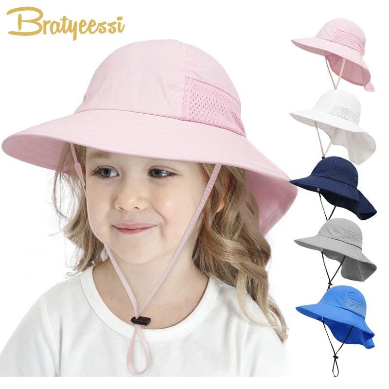 Spring Summer Baby Hat Beach Sun Protection Neck Kids Bucket Hats for Girls Boys Adjustable Children Cap Baby Accessories 6M-6Y