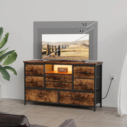 8 Drawer Dresser/ TV Stand with Power Outlet and LED Lighting for 55'' TV