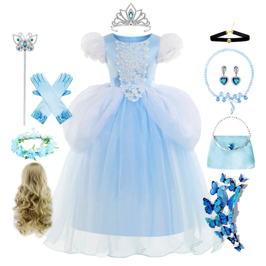 New Cinderella Lace Mesh Princess Dress Kids Christmas Dress blue Ball Gown Birthday Queen Cosplay Clothing Puff Dresses