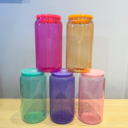 USA Warehouse 25Packs 16oz Glass Tumbler Transparents Colored Sublimation Glass Can with Plastic Lid