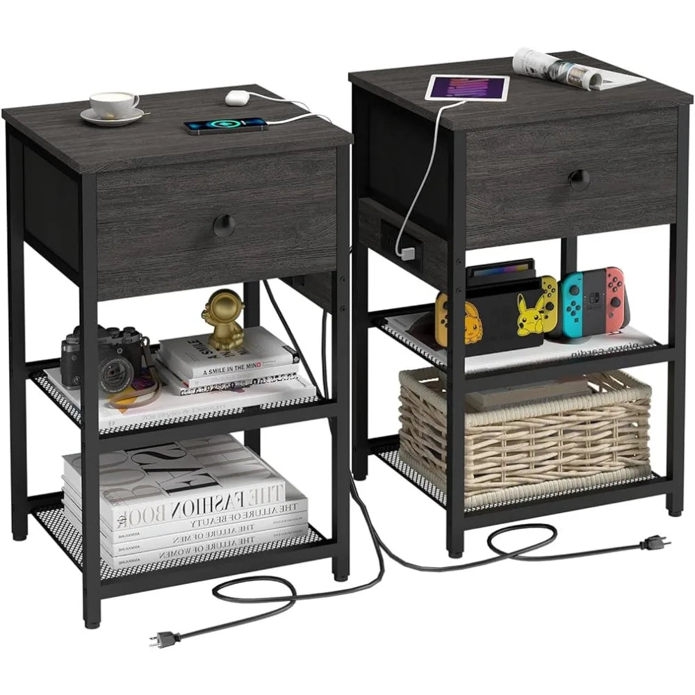 Nightstands Set of 2 with Charging Station, Bedside Tables with Fabric-Wood 2-in-1 Drawer, End Table for Small Spaces