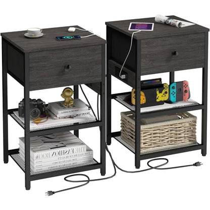 Nightstands Set of 2 with Charging Station, Bedside Tables with Fabric-Wood 2-in-1 Drawer, End Table for Small Spaces