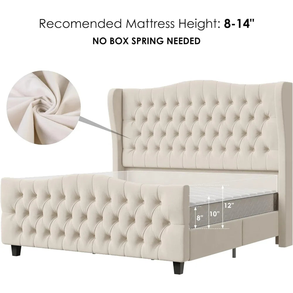 King Bed Frame with Velvet Upholstered Deep Button Tufted Wingback Headboard