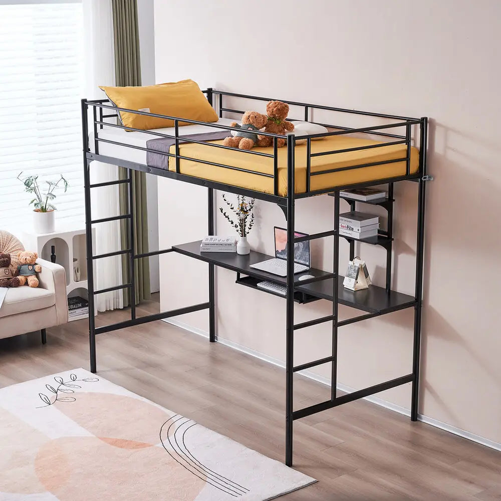 Heavy-duty Twin Loft Bed Frame with Desk and 2 Shelfs W/ Ladder