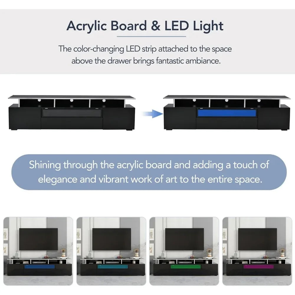 Tv Stand,Unique Design with 2 Glass Shelves and LED Color Changing Lights, Ample Storage Space Media Console,tv Stand