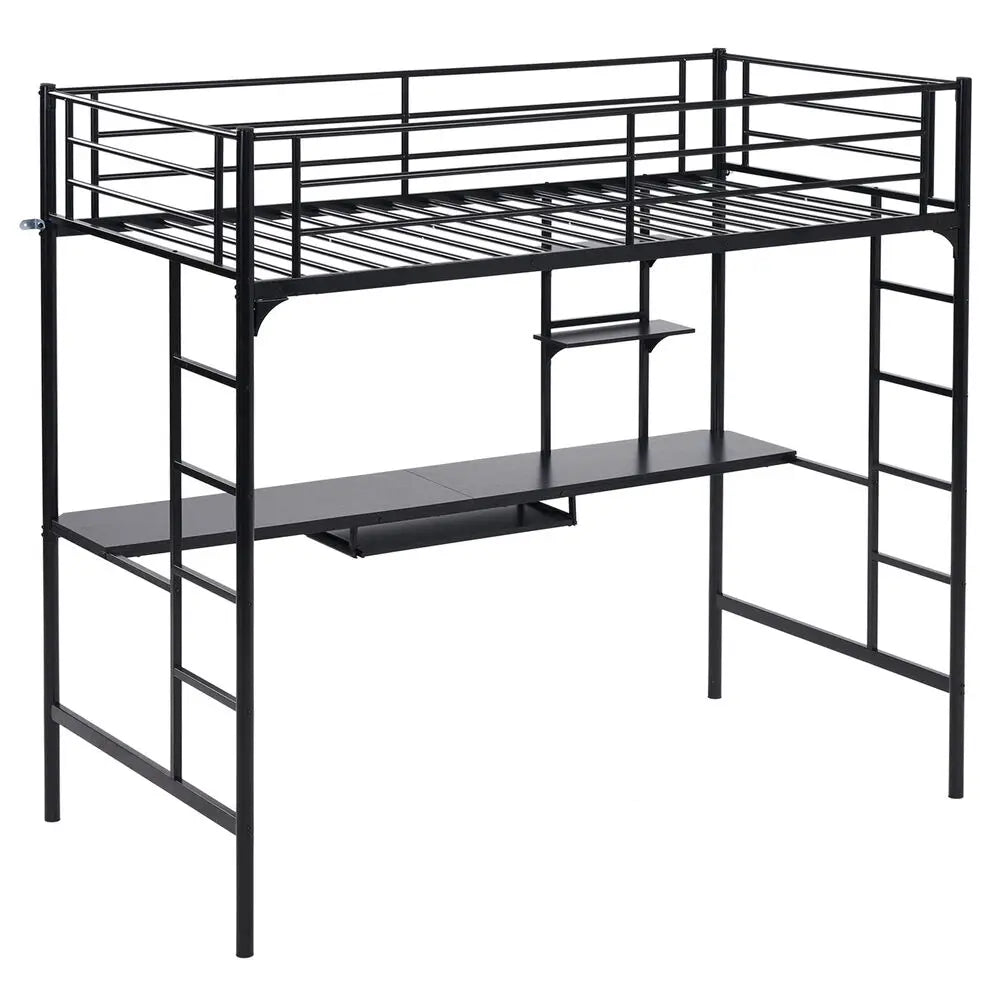 Heavy-duty Twin Loft Bed Frame with Desk and 2 Shelfs W/ Ladder