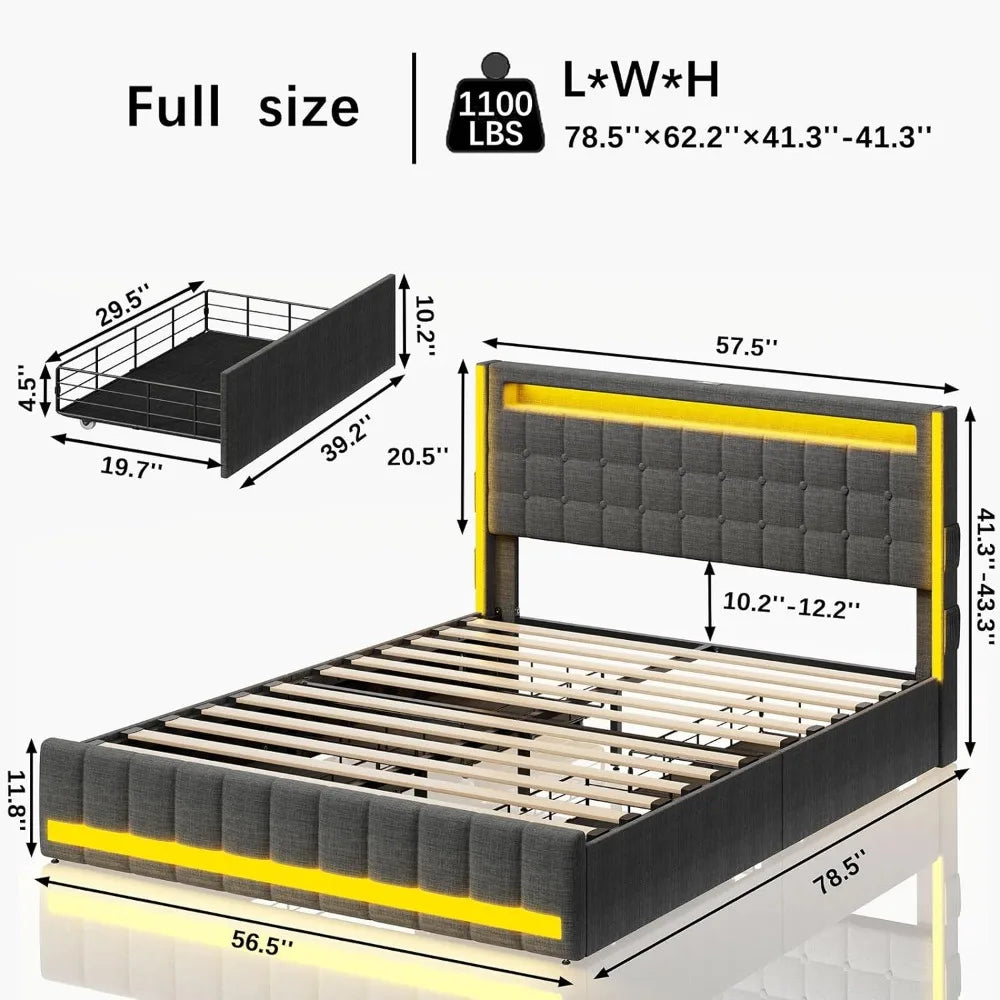 LED Full Size Bed Frame with 4 Storage Drawers and Charging Station, Adjustable Headboard, Full Size Bed Frame