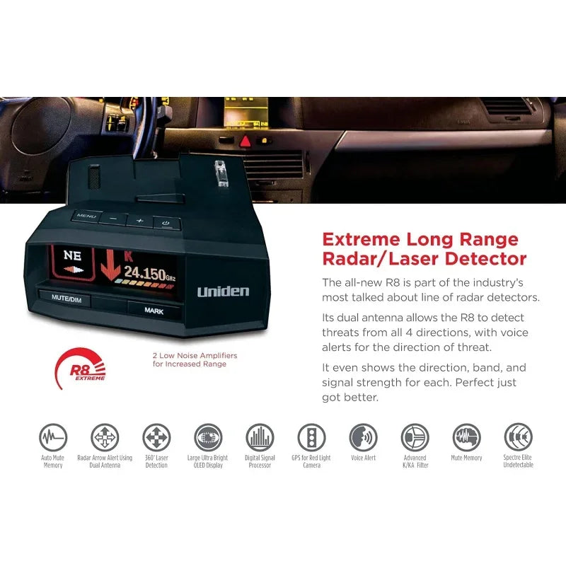 UNIDEN R8 Extreme Long-Range Radar/Laser Detector, Dual-Antennas Front & Rear Detection w/Directional Arrows, Built-in GPS w