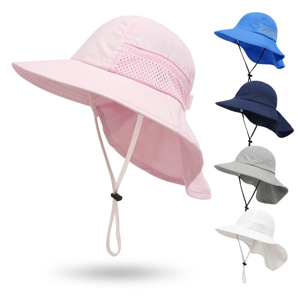 Spring Summer Baby Hat Beach Sun Protection Neck Kids Bucket Hats for Girls Boys Adjustable Children Cap Baby Accessories 6M-6Y