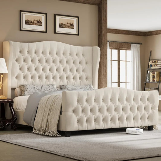 King Bed Frame with Velvet Upholstered Deep Button Tufted Wingback Headboard