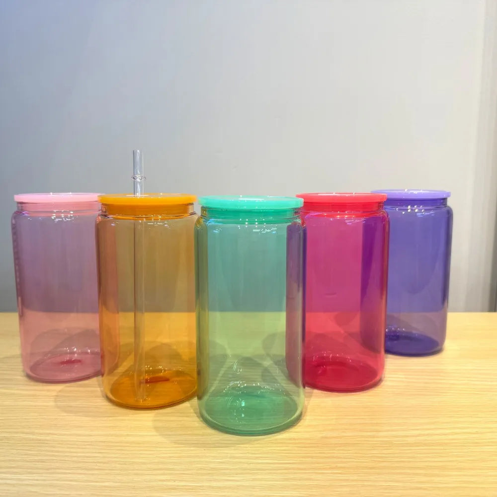 USA Warehouse 25Packs 16oz Glass Tumbler Transparents Colored Sublimation Glass Can with Plastic Lid