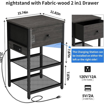 Nightstands Set of 2 with Charging Station, Bedside Tables with Fabric-Wood 2-in-1 Drawer, End Table for Small Spaces