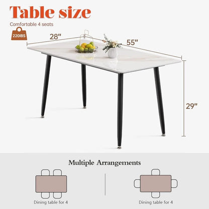 Marble tabletop and metal leg dining table, white 55 "rectangular dining table, fade resistant, scratch resistant,