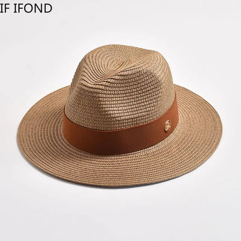 New Summer Straw Hats for Women Men Panama Travel Beach Sun Hat Ribbon Decoration Elegant Luxury Jazz Hat