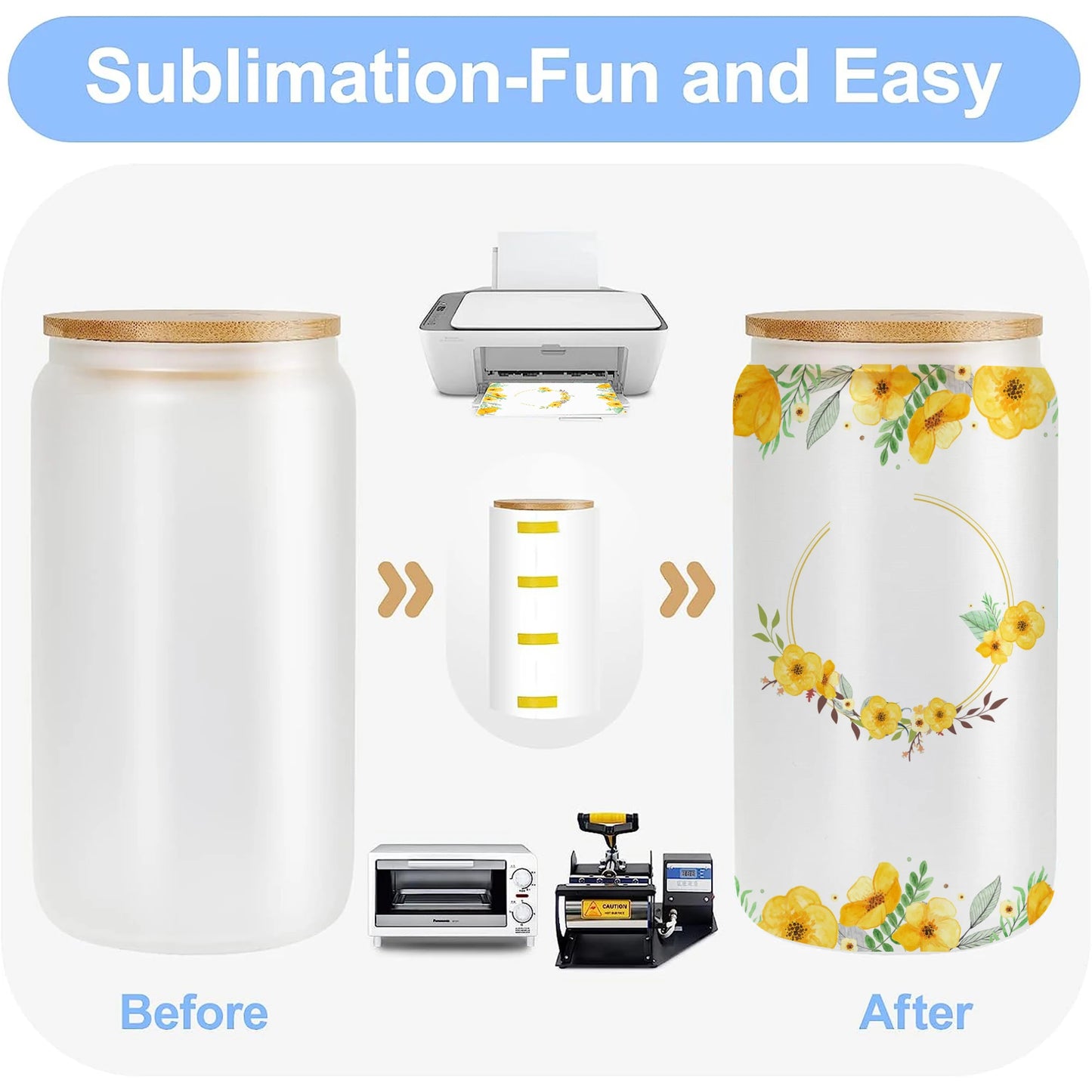 US Warehouse 24Pack Sublimation Glass Tumbler  Blanks  Cans Frosted   with Bamboo Lids and Straws Drinking Jars for Juice DIY