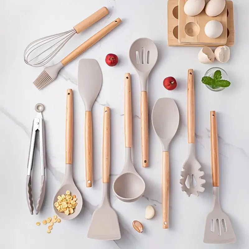 12pcs/set, Silicone Cooking Utensils Set With Wooden Handle