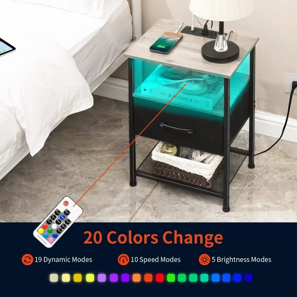 Nightstands Set of 2 with Charging Station and Drawer, End Table Bedside Table with 20 Colors LED Light Strip and 2 Layers Shelf