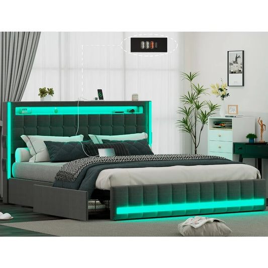 LED Full Size Bed Frame with 4 Storage Drawers and Charging Station, Adjustable Headboard, Full Size Bed Frame