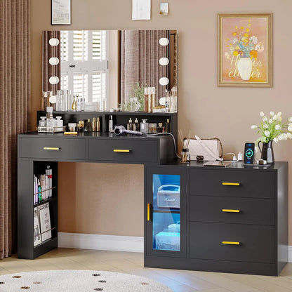 Makeup Vanity Desk with Mirror , Black Vanity Table with Power Outlet, Large Makeup Desk