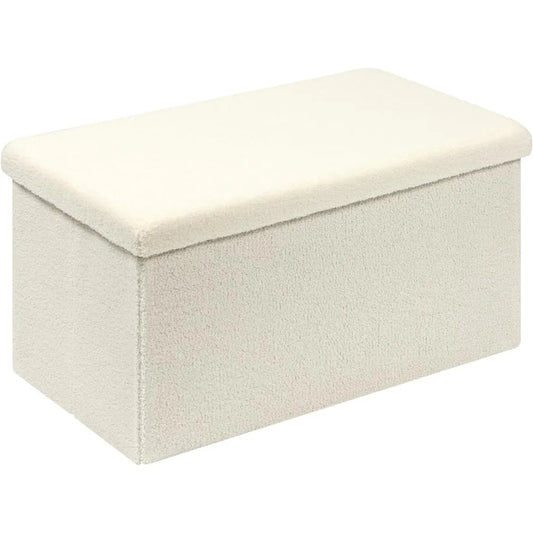 PINPLUS Folding Storage Ottoman Bench, White Upholstered Sherpa Ottoman Storage Bench, Large Storage Chest Footrest with Lids